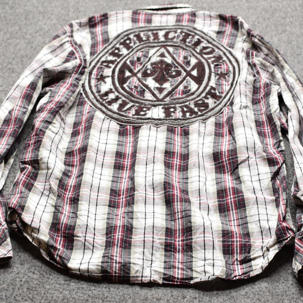 Affliction Live Fast Black Premium Mens Size L Plaid Button Up Shirt Embroidered